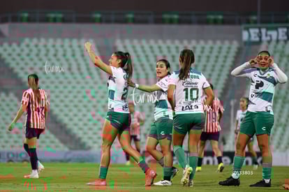 festejo de gol, Lia Romero, Judith Félix, Mayra Santana, Kar | Santos Laguna vs Chivas Guadalajara